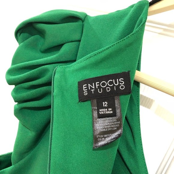 EnFocus Dress WM. Deep Green Stretchy Casual Classic#Puff Sleeves# Size 12. L. - Picture 10 of 15